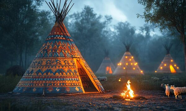 A serene campsite with illuminated tipis and a campfire.