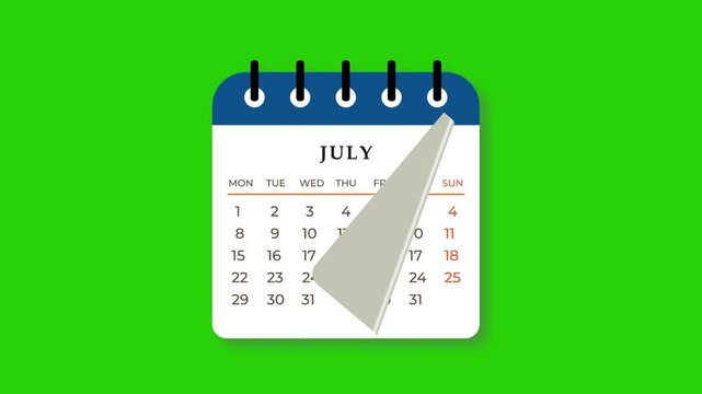 Calendar Flipping Pages Animation Monthly Chroma Key Green Background. 4K Resolution