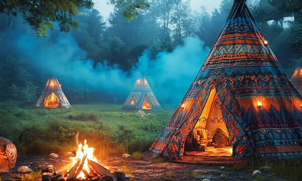 A serene campsite with illuminated tipis and a cozy campfire.