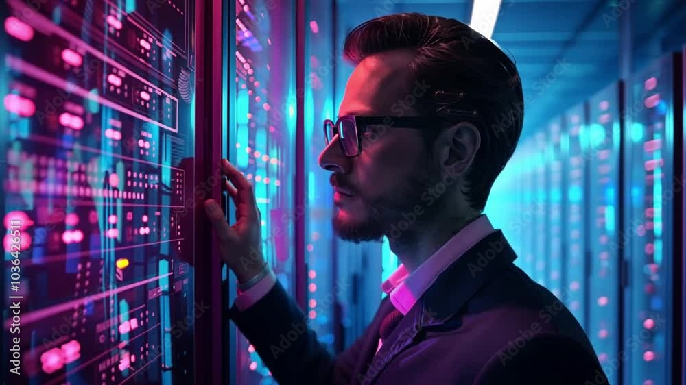 Leinwandbilder In a futuristic data center, a focused data analyst studies illuminated server racks, surrounded by colorful lighting that creates a dynamic atmosphere in the evening.