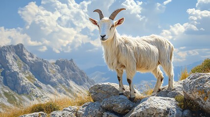 Obraz premium Majestic mountain goat standing on rocky terrain with breathtaking scenic background of mountains and sky