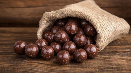 Fototapeta premium Chocolate balls with crunchy coatings spilling out of a rustic burlap sack onto a wooden table, highlighting their rich colors and glossy texture.