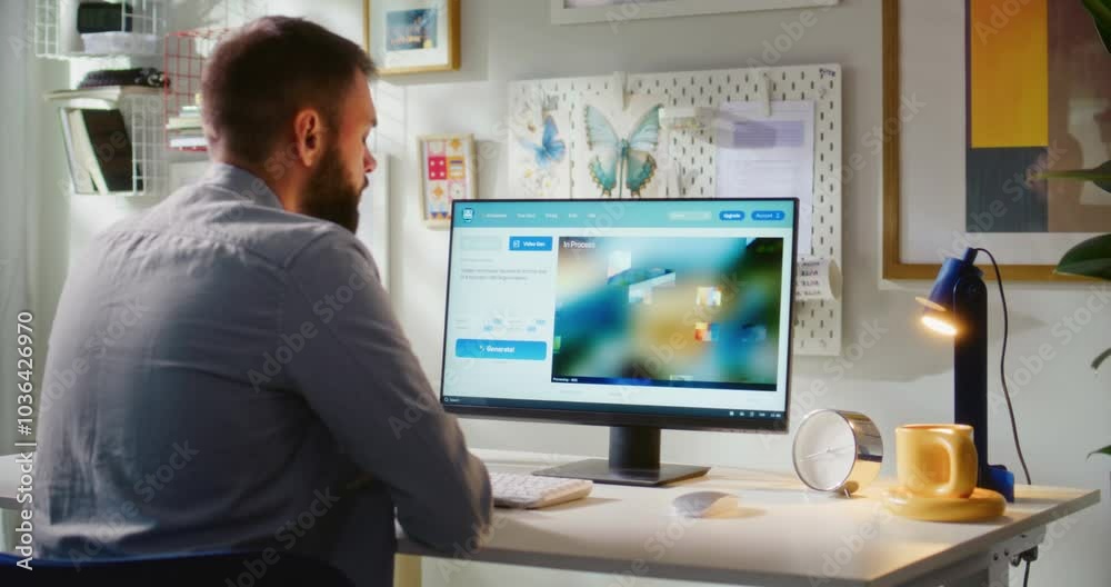 Poster adult man types text prompt in ai video generator on computer. artificial intelligence app generates