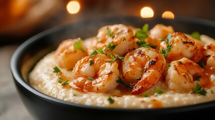 Delicious grilled shrimp served on creamy grits with fresh herbs garnish - a perfect gourmet dish for seafood lovers
