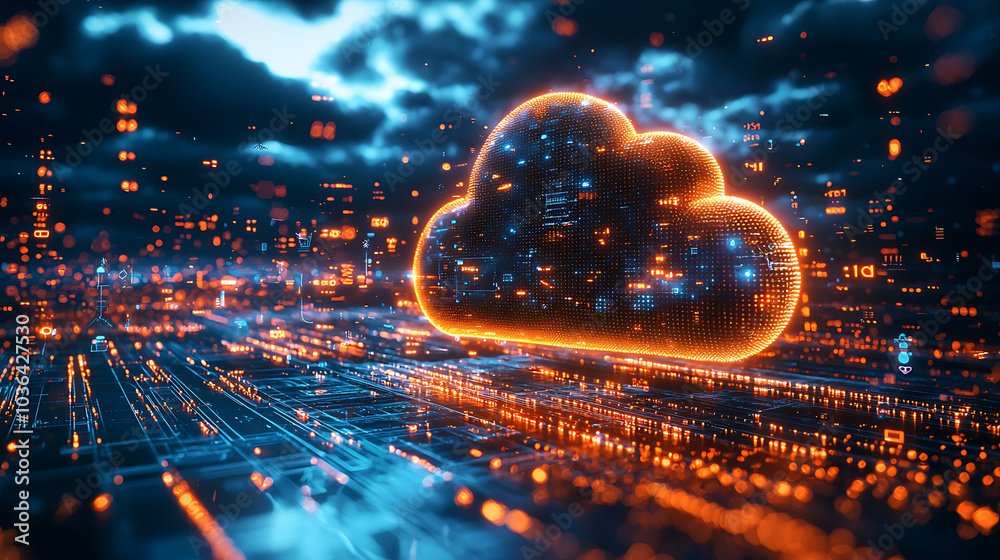 Aufkleber a glowing cloud symbol with data streams sits above a digital landscape representing the concept of 