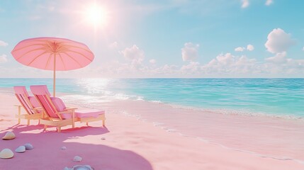 Pink beach chairs and umbrella under a bright sky by the shimmering ocean.