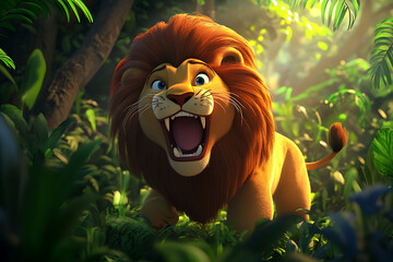 A vibrant cartoon lion roaring in a lush jungle setting, showcasing wildlife and nature.