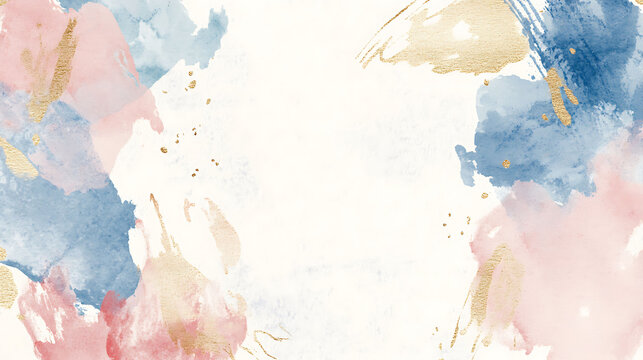 Abstract watercolor background with pink, blue, and gold paint splatters on a white background. - Powered by Adobe