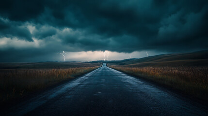 A long, straight road disappears into the distance beneath a stormy sky with flashes of lightning.
