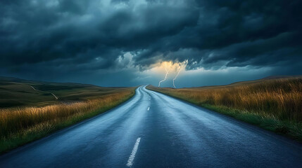 Naklejka premium A winding asphalt road cuts through a vast, rolling landscape under a dramatic, stormy sky. A lightning strike illuminates the dark clouds overhead, suggesting a sense of foreboding or danger.