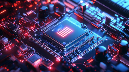 Obraz premium A close-up of a circuit board with a CPU chip illuminated in red and blue light.