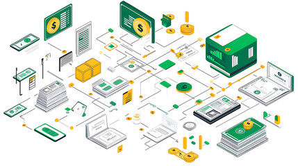Fototapeta premium An isometric illustration depicting a complex financial system with money, graphs, and digital devices connected by lines.