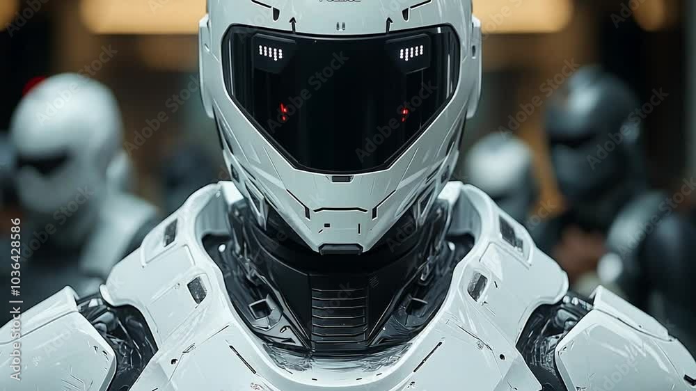 Aufkleber this police robot stands guard, displaying advanced tech and sleek design in a bustling city. exoske