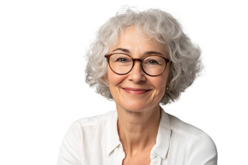 Fototapeta premium A smiling senior woman with blond hair radiates happiness, embodying beauty and confidence as a businesswoman and grandmother isolated on transparent and white background.PNG image