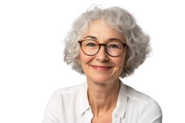 A smiling senior woman with blond hair radiates happiness, embodying beauty and confidence as a businesswoman and grandmother isolated on transparent and white background.PNG image