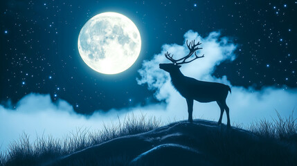 A reindeer stands on a grassy hill under the full moon. The concept of Christmas, nature, serenity, and wildlife under a mystical night sky. Generative AI.