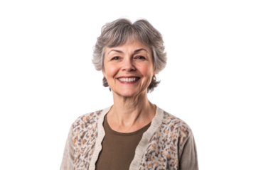 A smiling senior woman with blond hair radiates happiness, embodying beauty and confidence as a businesswoman and grandmother isolated on transparent and white background.PNG image