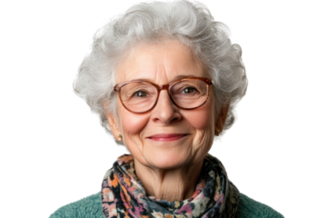 A smiling senior woman with blond hair radiates happiness, embodying beauty and confidence as a businesswoman and grandmother isolated on transparent and white background.PNG image