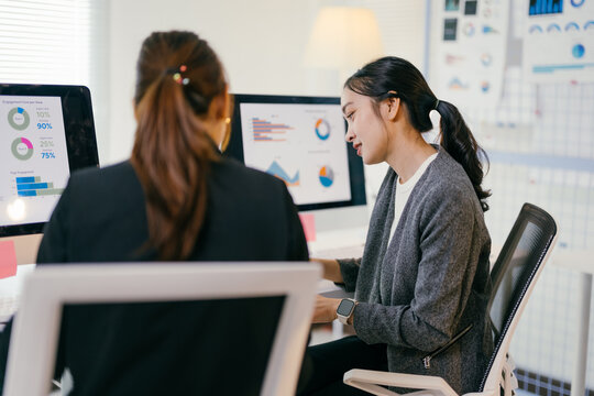 Two asian businesswomen are working together in the office. They are looking at charts and graphs on a computer screen, analyzing financial data