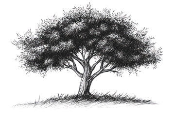 Tree silhouette with isolated roots on white background, 