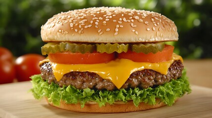 Delicious layered cheeseburger with fresh vegetables and toppings perfect for any meal or gathering