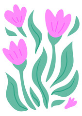 Pink flower and green leaves  illustration vector for book cover ot wall decoration