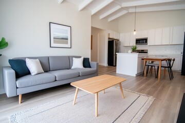 Fototapeta premium Elegant modern living room design with cozy sofa and minimalist aesthetic for stylish home interiors