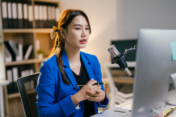 Asian businesswoman wearing a blue blazer is sitting at her desk recording a podcast using a...