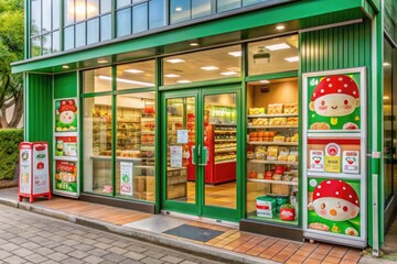 Naklejka premium Convenience stores have green signs with round fonts and cute icons like cups and sandwiches. Large glass doors reveal neatly arranged shelves. The lively cartoon style creates a modern, friendly vibe