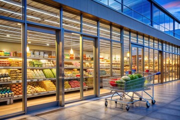 The supermarket features a large building with a clear sign, wide glass doors, and neatly arranged shopping carts. Inside, high shelves are filled with products, all drawn in a lively cartoon style wi