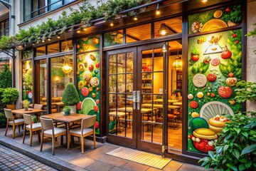 The restaurant has a prominent signboard, large glass doors with smiling cartoon food images. Inside, cozy tables are neatly arranged. A small porch with green plants adds charm