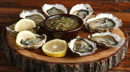 Freshly shucked oysters in shell on a wooden platter, served with lemon slices and a mignonette sauce for dipping. --chaos