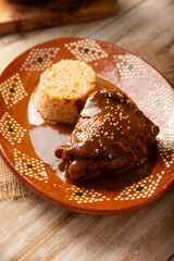 Mole Poblano. Chicken with Mole. Typical dish, emblematic of Mexican food made with a mixture of numerous ingredients. Mole sauce is commonly served with chicken or turkey.