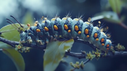 Naklejka premium Close Up Of A Blue And Orange Caterpillar
