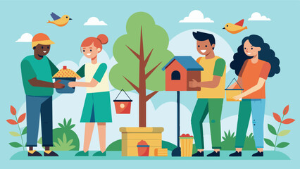 Members of the club collaborating on a project to install bird feeders and nesting boxes in their neighborhood making it a welcoming environment for local bird populations.. Vector illustration