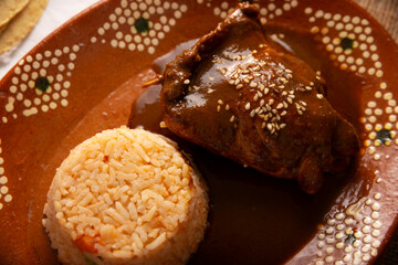 Mole Poblano. Chicken with Mole. Typical dish, emblematic of Mexican food made with a mixture of numerous ingredients. Mole sauce is commonly served with chicken or turkey.