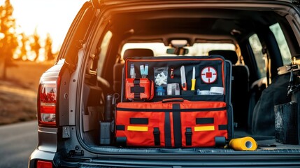 Naklejka premium Essential Vehicle First Aid Kit in SUV Trunk with Labeled Compartments and Emergency Supplies for Roadside Safety