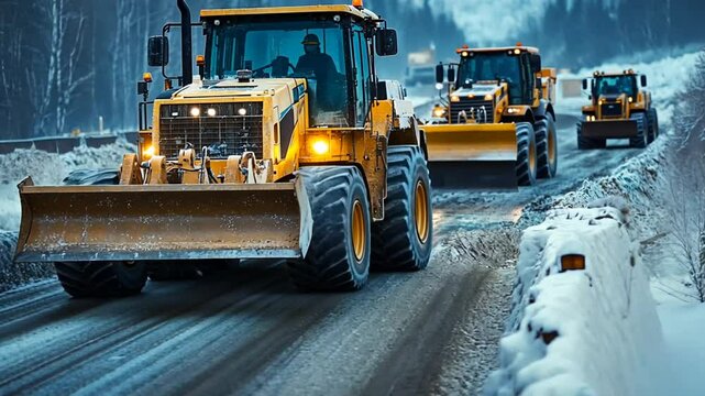Bulldozers clearing snow on a remote winter road.