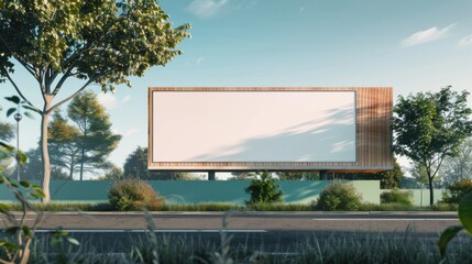 Empty billboard in scenic outdoor setting with trees and clear sky, advertising space concept
