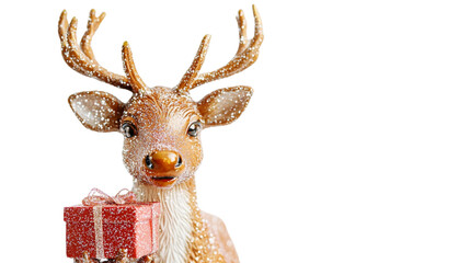 festive reindeer holding red gift box, adorned with snowflakes, brings cheerful holiday spirit. Perfect for Christmas decorations and celebrations
