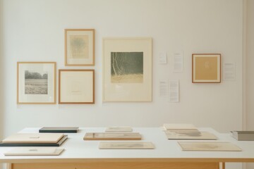 Fototapeta premium Museum Display Featuring Vintage Graphs and Historical Artifacts on Clean White Walls