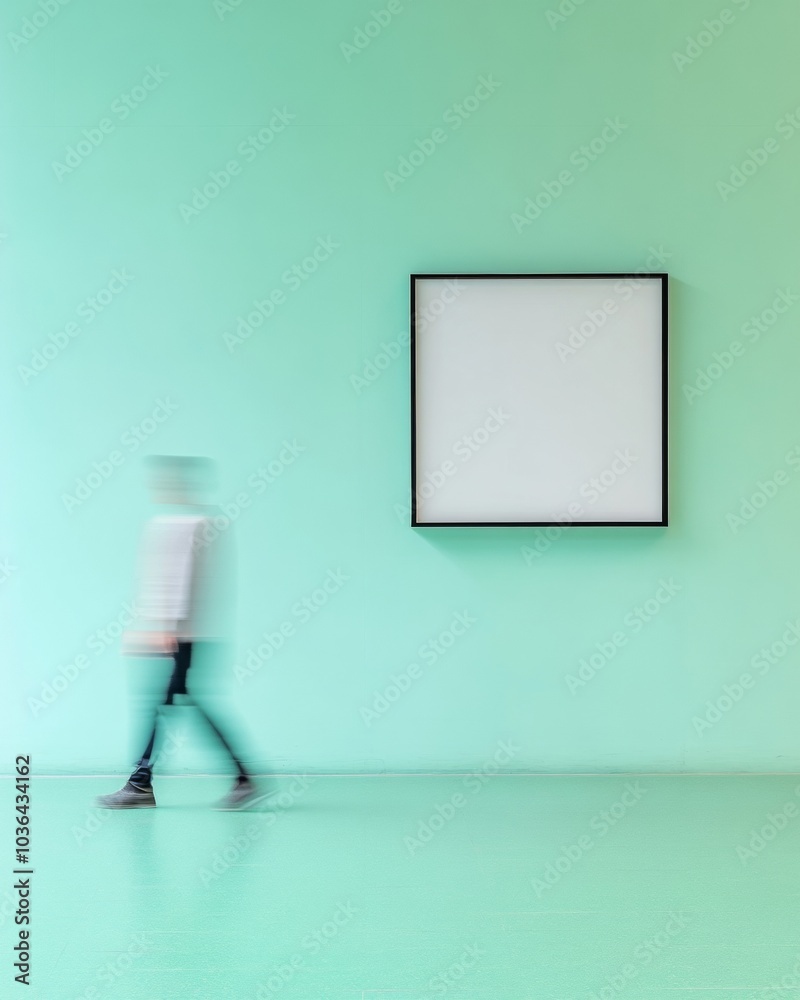 Poster minimalistic mockup of light green wall with empty poster frame and blurred figures