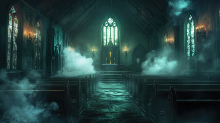 In the haunted Victorian church, eerie shadows from the flickering candles mingle with a faint, unsettling haze.