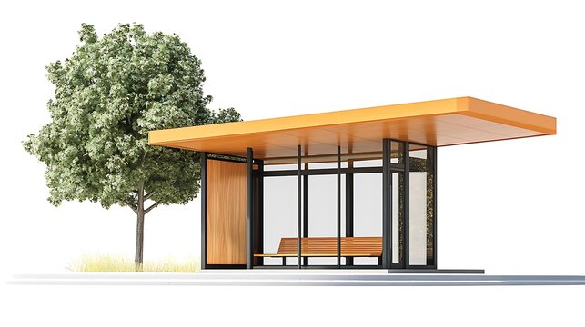 Glass Shelter with a Bench and Tree
