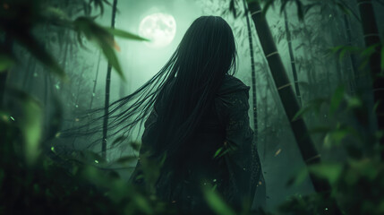 Japanese ghost with long black hair covering her pale face, standing motionless in a shadowy forest of bamboo, faintly glowing under the dim moonlight.