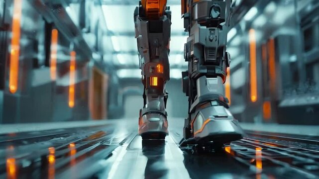 This robotic figure takes steps in a high-tech corridor filled with glowing lights.
