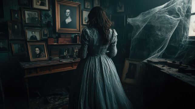 A haunting Victorian ghost reveals herself, her spectral appearance accentuated by an elegant, faded gown. The cluttered desk is littered with forgotten items. - Powered by Adobe