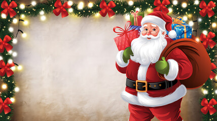 Smiling Santa holding gifts in a snowy holiday scene

