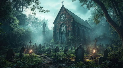 Overgrown graves line the grounds of the crumbling Victorian church, its decaying walls casting long shadows in the dim light, adding to the eerie, forsaken atmosphere.