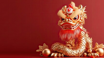 Golden Chinese Dragon with Ornamental Balls on Red Background